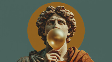 Statue with Bubble Gum: An antique statue of a man with a golden bubble gum against a teal background, symbolizing a unique blend of past and present with a modern twist.