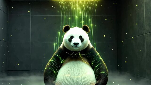A panda sitting calmly in a dimly lit environment with green light particles cascading around, creating a serene atmosphere