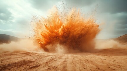 Powerful Orange Dust Cloud Explosion in Arid Desert Landscape dust explosion desert cloud orange sky