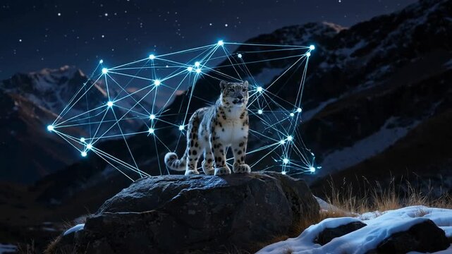 A majestic snow leopard stands on a rocky outcrop under a starry night sky, surrounded by a glowing network of interconnected points