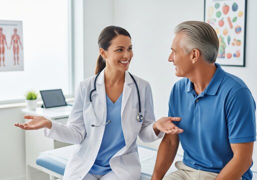 Doctor and patient talking in clinic, healthcare consultation