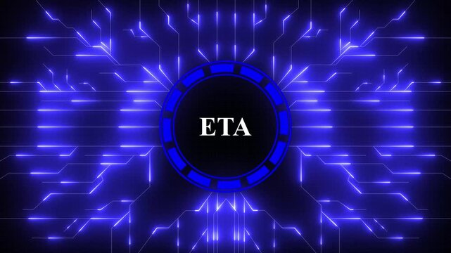 Animated ETA concept with business finance and technology icons. Digital Data moving on Circuit Board and CPU . Computer Processing and organizing data.