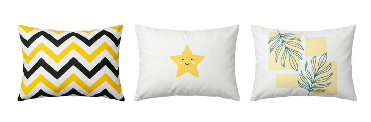 Three Decorative Pillows: Zigzag, Cute Star, and Botanical Leaf Designs