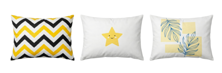 Three Decorative Pillows: Zigzag, Cute Star, and Botanical Leaf Designs