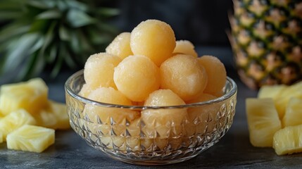 Small pineapple balls in a glass bowl, surrounded by pineapple chunks and leaves