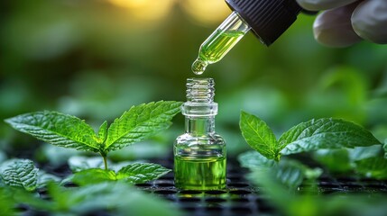 Close-up of a dropper dispensing a liquid substance into a glass bottle with growing green plants