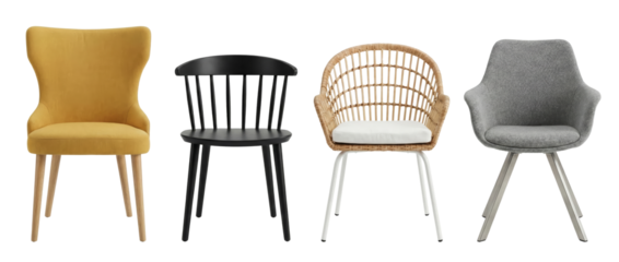 Four diverse chairs: yellow upholstered, black spindle, rattan armchair, grey fabric