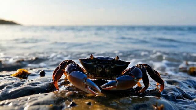 Close-up of a crab on a rocky shore near the ocean as the sun sets, creating a serene atmosphere with gentle waves in the background