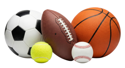 Collection of Sports Balls: Soccer, Basketball, Football, Tennis, Baseball