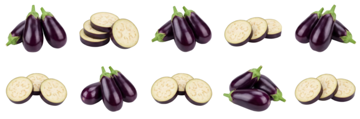 Fresh Eggplant Slices and Whole Eggplants Collection on White Background