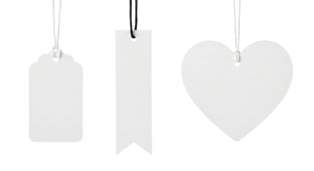 Three Blank White Tags: Price, Heart, and Bookmark Shapes Isolated