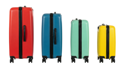 Four colorful suitcases in different sizes on a white background