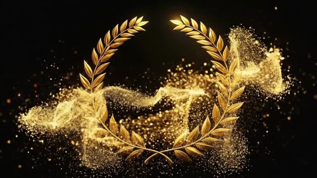 Elegant golden laurel wreath with sparkling particles on a dark background.