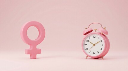 Pink female symbol and alarm clock on pastel background