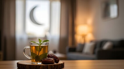 A glass mug of herbal tea with mint leaves and dates on a wooden board in a cozy living room
