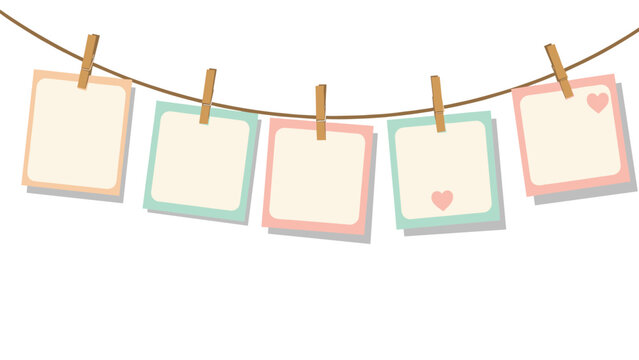 Assortment of colorful square photo frames hanging on a rustic rope with wooden clothespins against a clean white background.