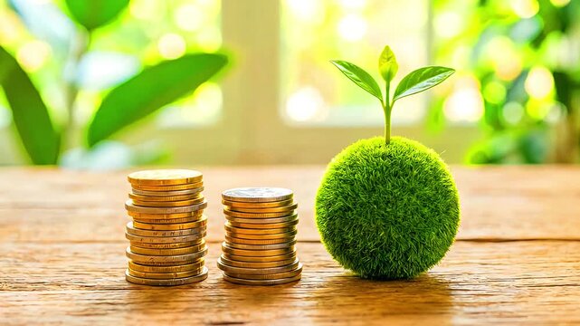 Stacks of gold coins alongside a vibrant green sprout growing from a moss ball symbolize financial growth, investment returns, and sustainable economic development concepts.