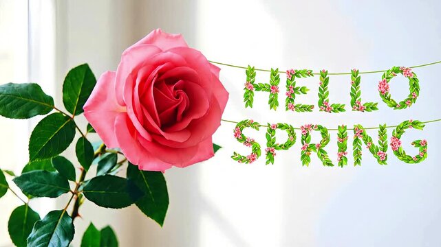 A beautifully vibrant pink rose is positioned next to a festive, hanging banner spelling out the cheerful message "hello spring" for seasonal greetings.