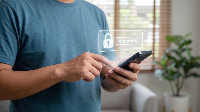 Man securing mobile phone with password protection for safety - Powered by Adobe