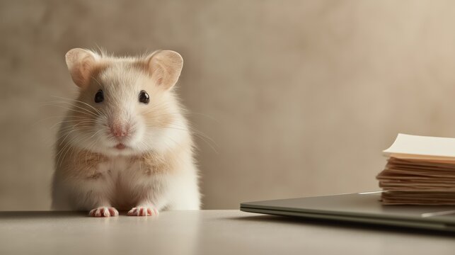 Small hamster sitting at an office desk represents entry-level work, microbusiness and startup routine. Remote work, digital tasks, productivity pressure in compact workspace