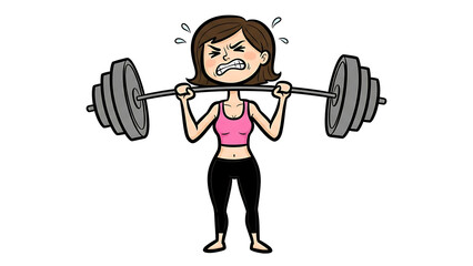 Illustration of a distressed woman lifting heavy weights in a strained effort