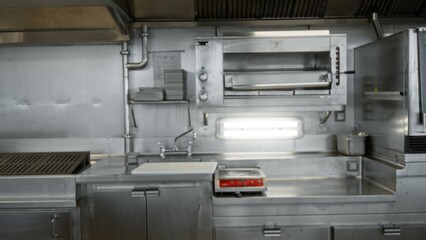 Commercial kitchen with stainless steel counters and appliances, soft blurred interior; background...