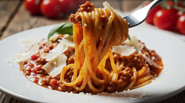 Plate of spaghetti in tomato sauce with basil leaf, parmesan shavings, fork twirling pasta, yum. Wow