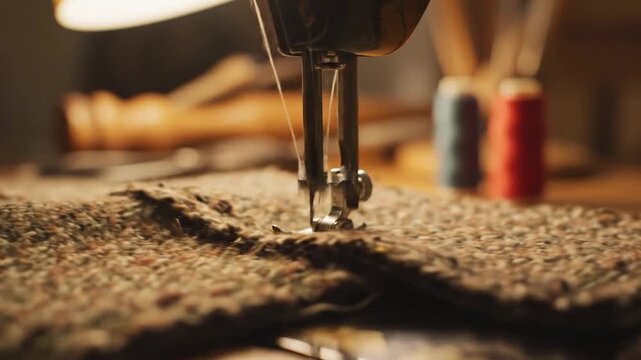 Close-up of a sewing machine in action creating fabric patterns.
