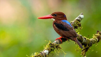 Fototapeta premium Chestnut-headed Bee-eater perched on a mossy branch in the forest.