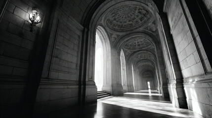 Courthouse arch shadow curve forming graceful geometry, historic design language, visual depth, and symbolic gateway to formal justice spaces