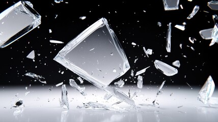Shattered Glass Explosion on Reflective Surface Against Black Background shattered explosion surface