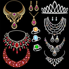 Illustration of a jewelry set with a chain with a pendant, earrings, necklace and tiara  with multi-colored precious stones, beads and pearl. © Gregory