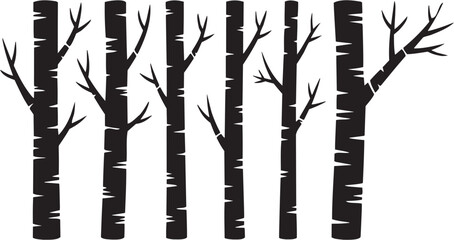 Leafless Forest Trees Silhouette Set, Bare Tree Trunks Black Vector Collection © jonwid
