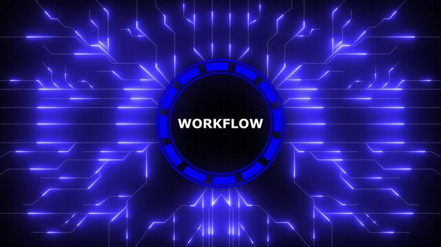Abstract digital workflow visualization with glowing circuit board lines and futuristic design