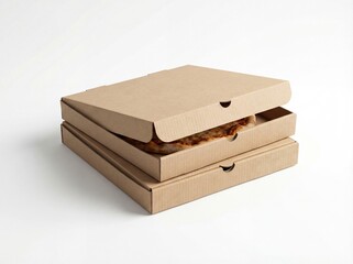 Three Stacked Blank Cardboard Pizza Boxes with One Partially Open Revealing Cheese Pizza, Isolated on a Pure White Studio Background