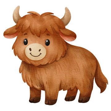 Cute watercolor yak illustration with long brown fur and curved horns. Hand-painted high altitude animal cartoon character for kids' education and wildlife themes.