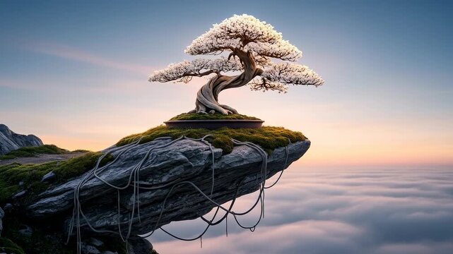 Bonsai tree grows on a rocky ledge amidst clouds at sunrise over a mountain landscape