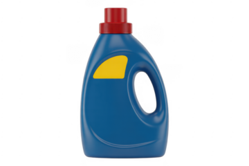 Blue laundry detergent bottle with red cap isolated on a transparent background
