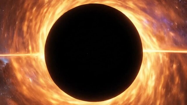 Dramatic cosmic illustration of a black hole with swirling light and energy.