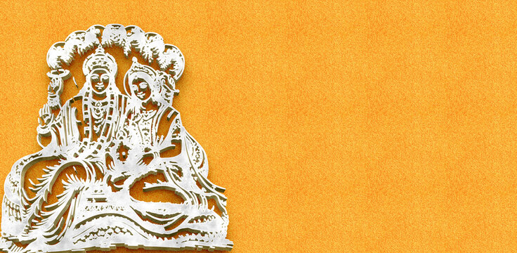 Minimalist silver and white paper-sculpture style icon of Vishnu and Lakshmi on a vibrant orange sand-textured backdrop