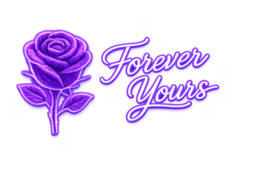 Purple neon rose glowing with forever yours script lettering