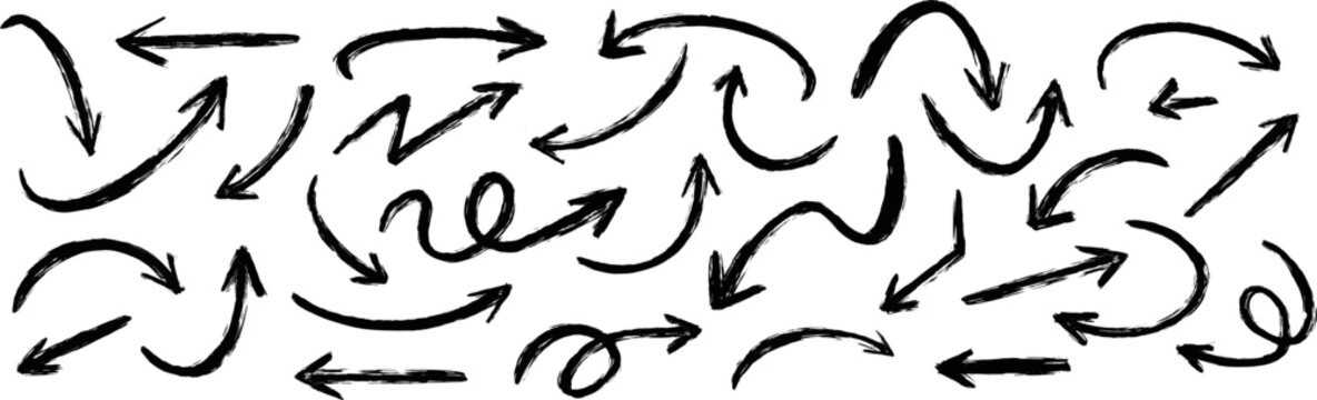Hand drawn arrow collection. Brush sketch arrow line curve up, down shape chalk texture element set