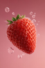 Whimsical strawberry floating in delicate bubbles on pink background.