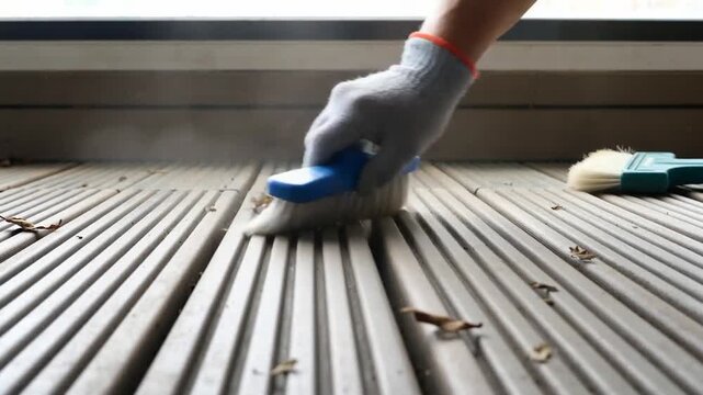 Close-up of a hand wearing a glove using a brush to clean a wooden deck with fallen leaves scattered around