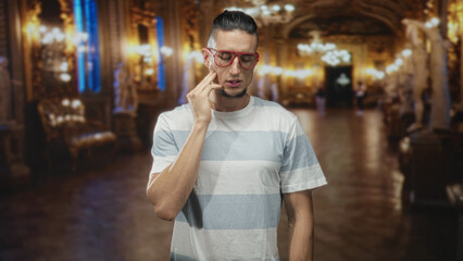 Fototapeta premium Man touching cheek with red glasses and striped tee in an ornate palace hall inside building; toothache pain.