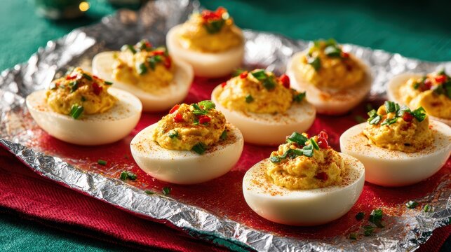 Deviled Eggs Delight: A close-up shot presents an array of perfectly crafted deviled eggs, showcasing their vibrant colors and enticing textures with red chilis and green chives. 