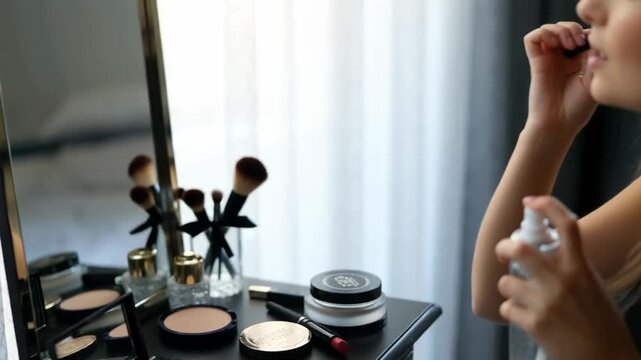 Close-up view of a person's hand applying makeup with brushes at a vanity table, featuring various cosmetic products in natural light