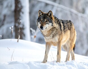 Obraz premium A majestic canid, fur layered in winter colors, stands alertly in a snow-covered forest, looking towards the viewer
