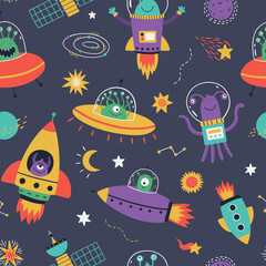 Playful kids space seamless pattern with cute aliens, rockets, planets, stars, satellites. Hand-drawn style with bright colors on dark background, perfect for children designs, textiles, wallpapers