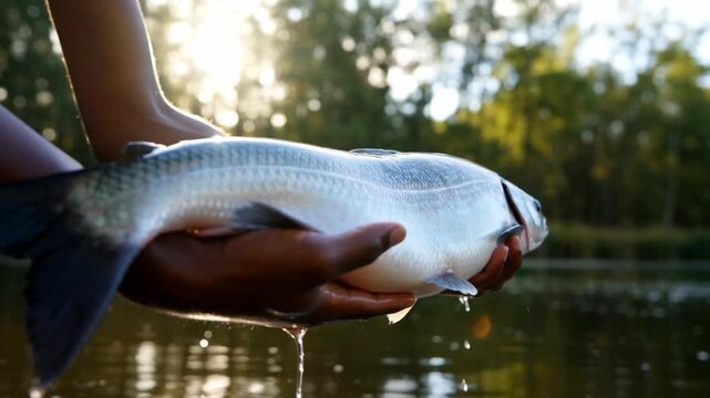 A close-up of hands holding a freshly caught fish by a serene lake, with sun rays filtering through trees in the background